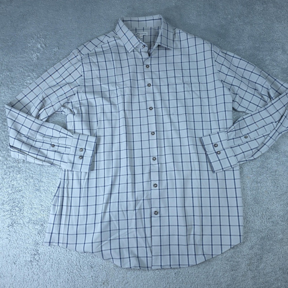 Peter Millar Button-Up Shirt Mens XL Gray Gale Check Long Sleeve Regular Fit